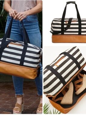 Striped Canvas Weekender Duffle Bag with Tan Faux-Leather Base